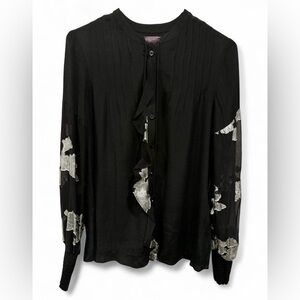 Hale Bob Button Down Foiled Chiffon Semi Sheer Blouse Small Silk Pleated‎ Black